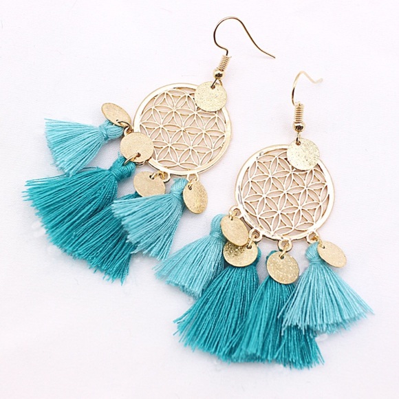 Bohemian Gold Dangle Earrings with Aqua Tassels - Picture 2 of 4
